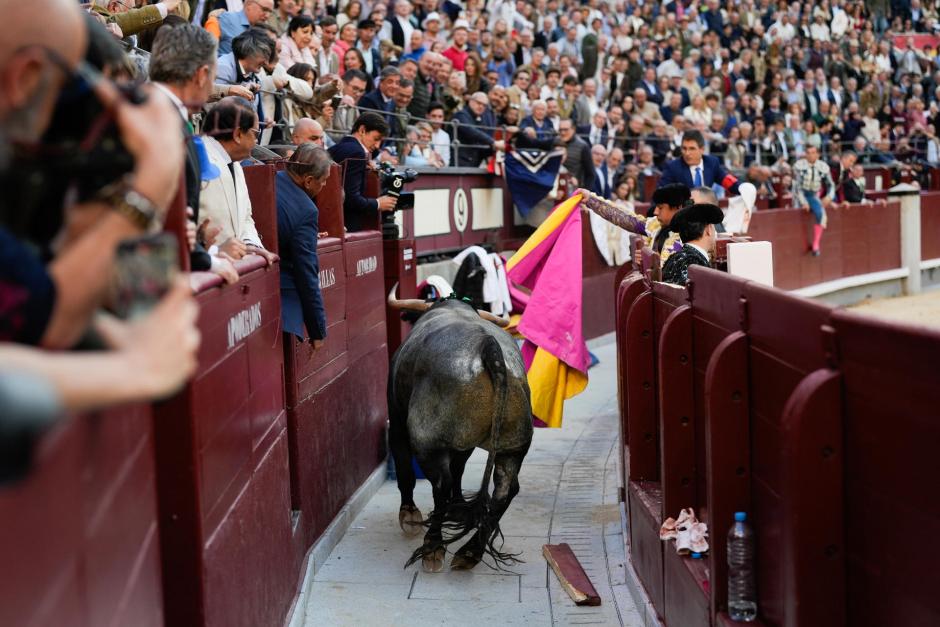 Secuencia que muestra al quinto toro de la tarde saltando al callejón de Las Ventas