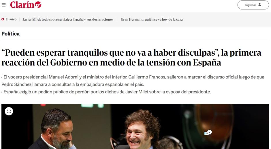 El diario Clarín subraya que se trata de la peor crisis de Argentina con España