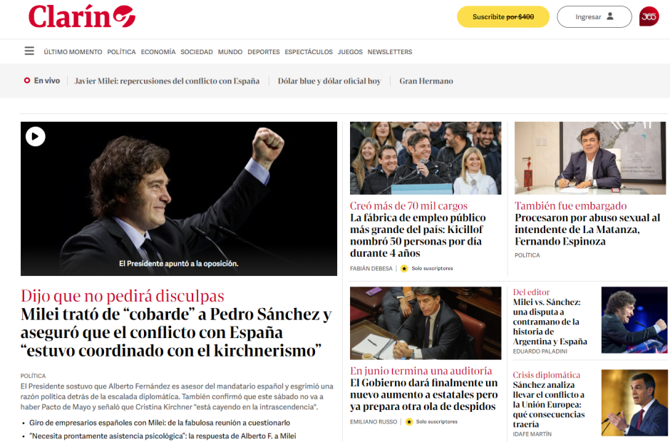 El diario Clarín lleva en su portada la disputa entre Pedro Sánchez y Javier Milei. Además le dedican su editorial al tema