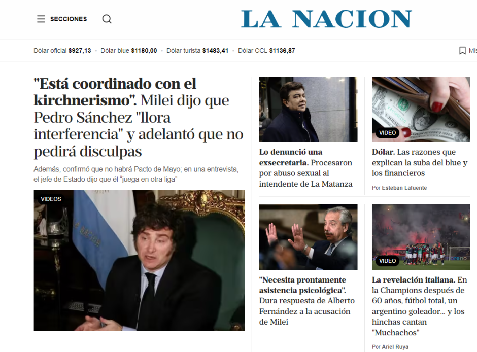 La Nación recoge la entrevista del presidente Milei en su regreso a Argentina y también las críticas de Alberto Fernández, expresidente