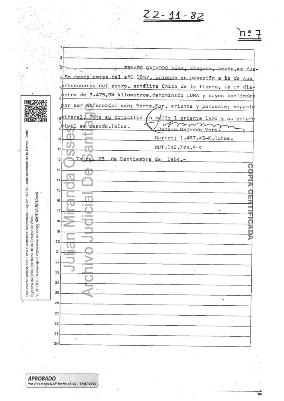 Documento notarial con el que Jenaro Gajardo registró la Luna a su nombre