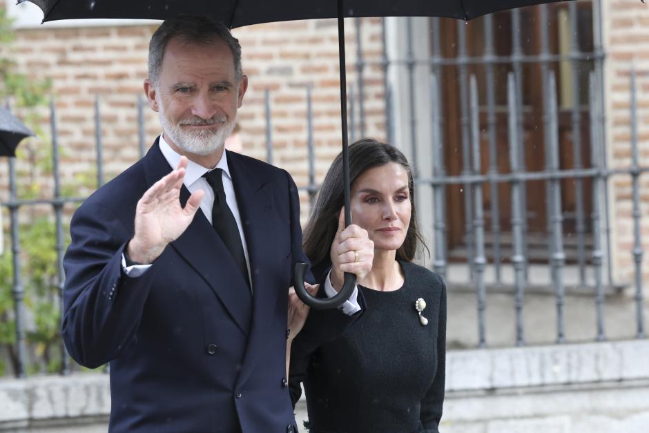 Spanish King Felipe VI and Queen Letizia during the funeral of Fernando Gomez Acebo in Madrid on Monday , 08 April 2024.