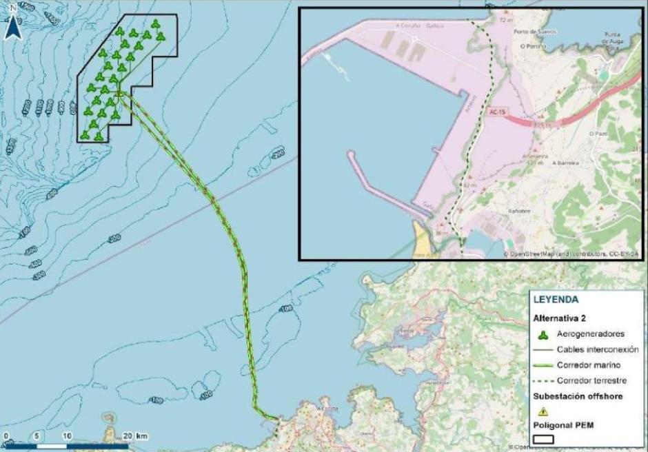 Ubicación del parque eólico marino de La Coruña y trazado del cable submarino