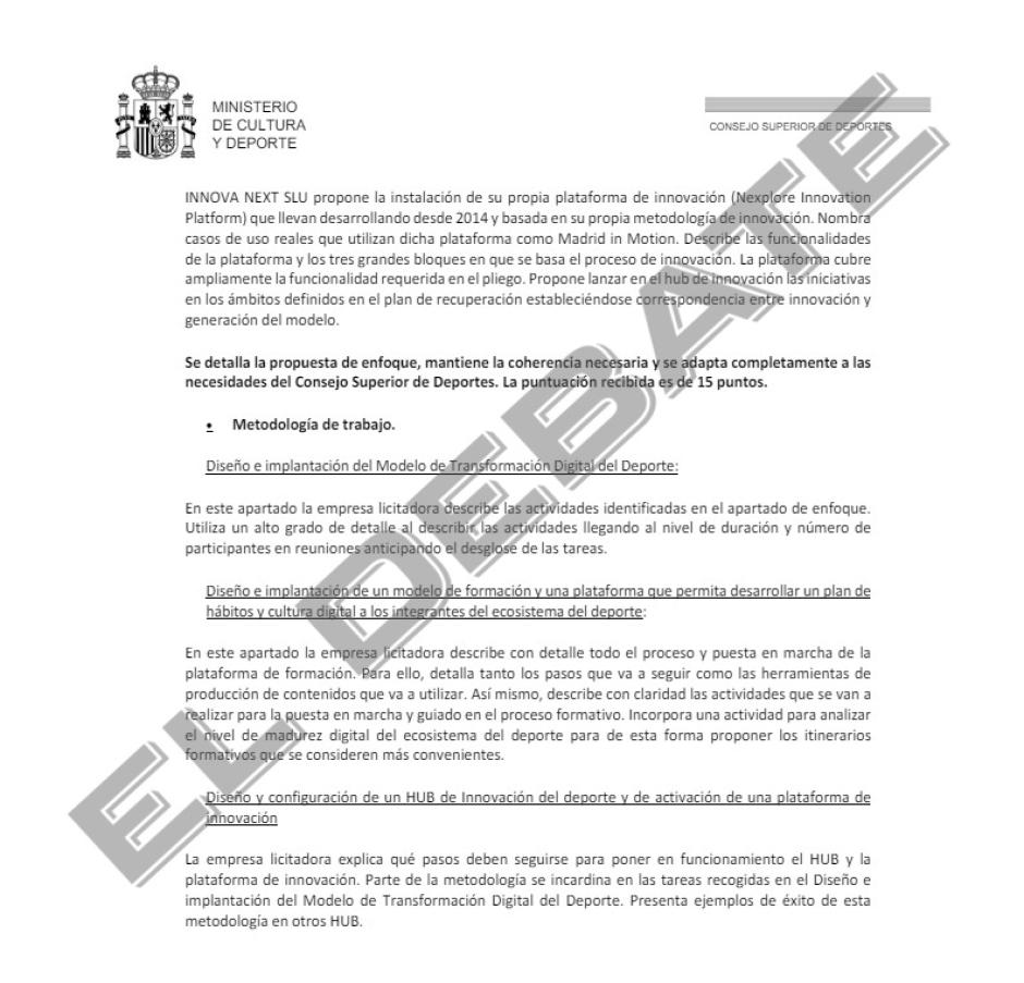 Informe interno del Ministerio de Cultura y Deportes sobre el contrato a Innova Next