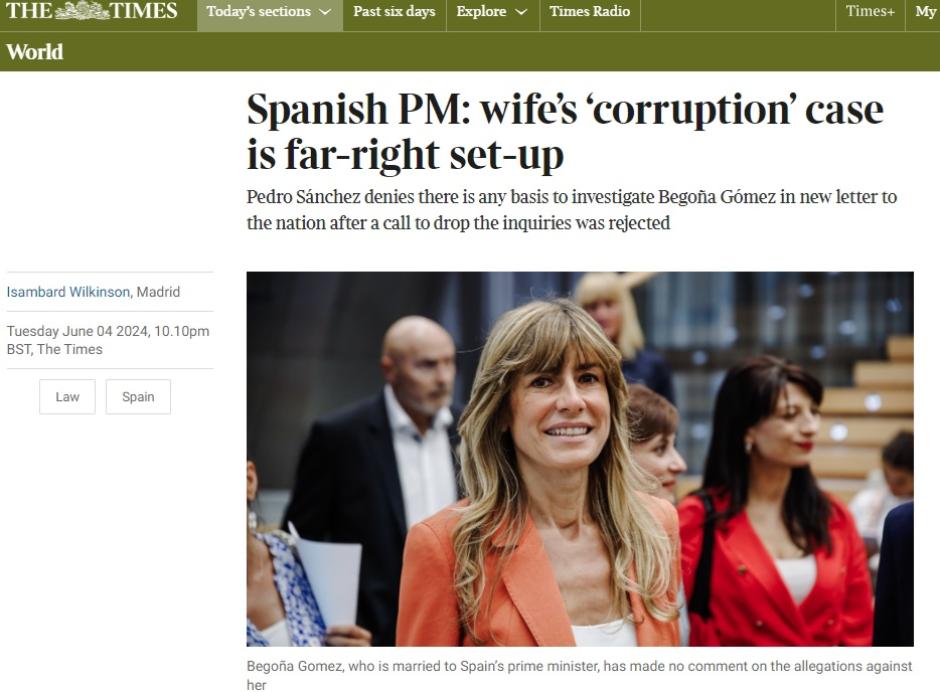 The Times sigue cubriendo la noticia de la imputación de Begoña Gómez