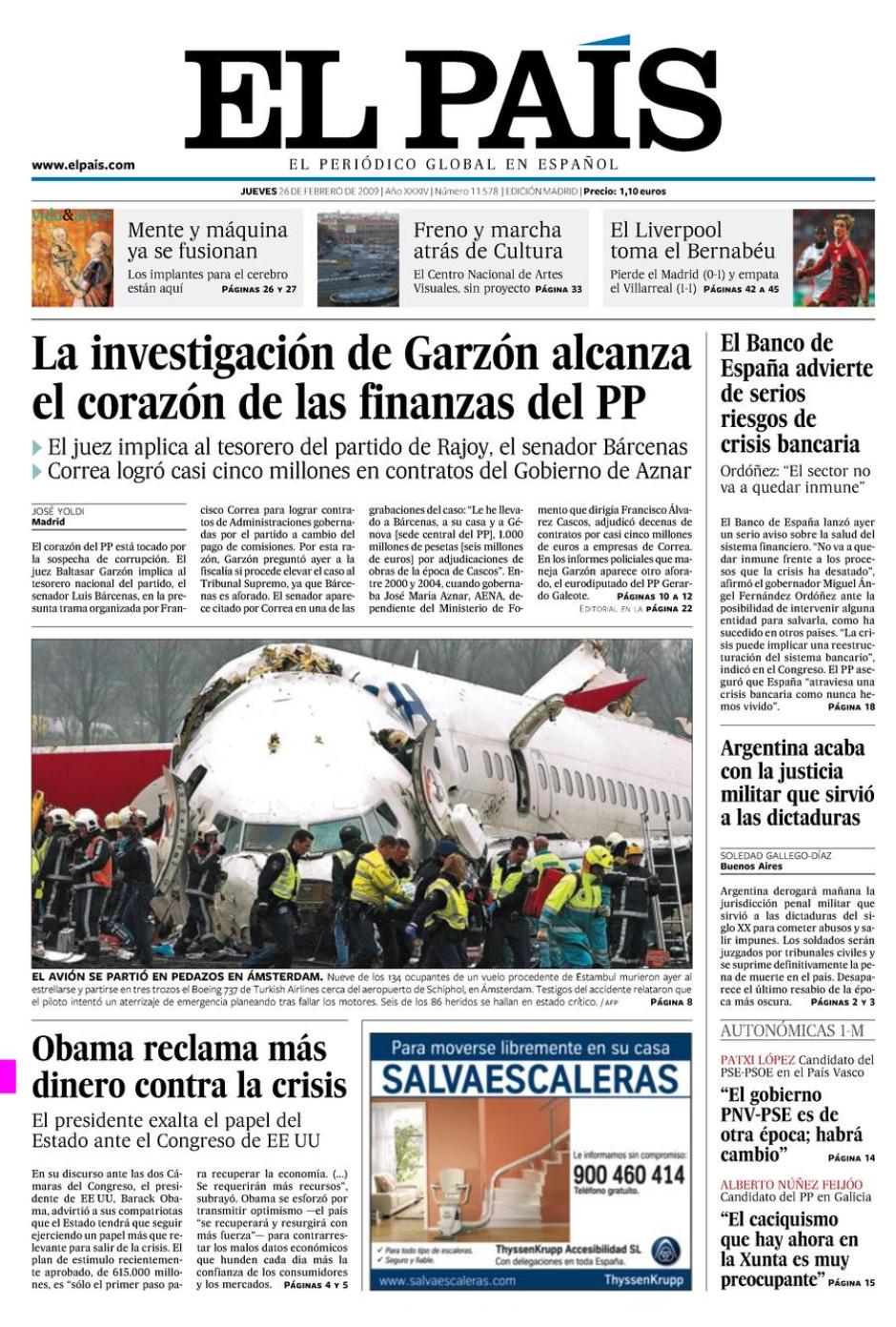 La portada de El País del 26 de febrero de 2009