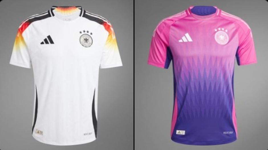 Alemania: la primera equipación blanca y la segunda un difuminado de rosa y morado. La anfitriona comparte grupo a con Escocia, Hungría y Suiza