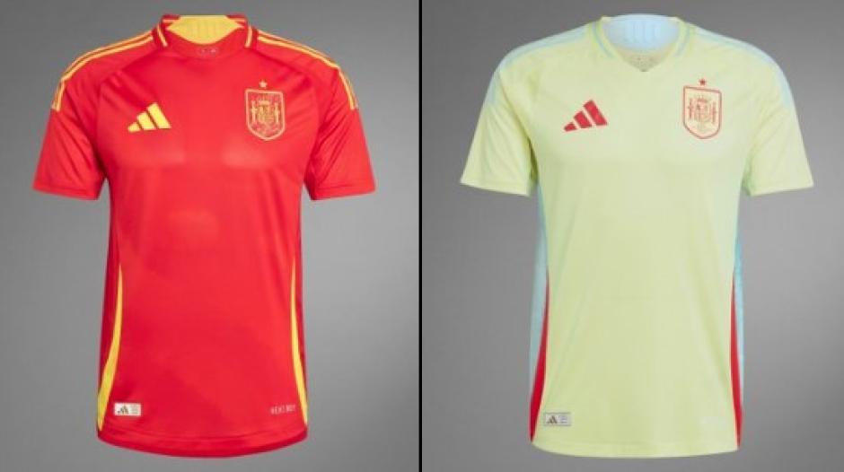 España: Primera equipación toda roja con franjas y escudo amarillo, los colores habituales de la elección española. Segunda equipación amarilla. España comparte Grupo B con Croacia, Italia y Albania.