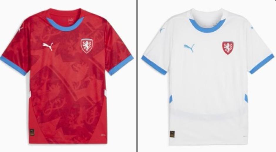 República Checa: la primera equipación de los checos es de color rojo con dibujos y el cuello y mangas azul, mientras que la segunda camiseta es blanca con el cuello y las mangas azules. Comparte Grupo F con Turquía, Portugal y Georgia.