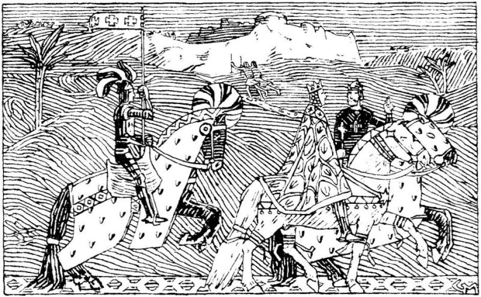 El rey Sigurd y el rey Baldvine cabalgan desde Jerusalén hasta el río Jordán por Gerhard Munthe (1899)