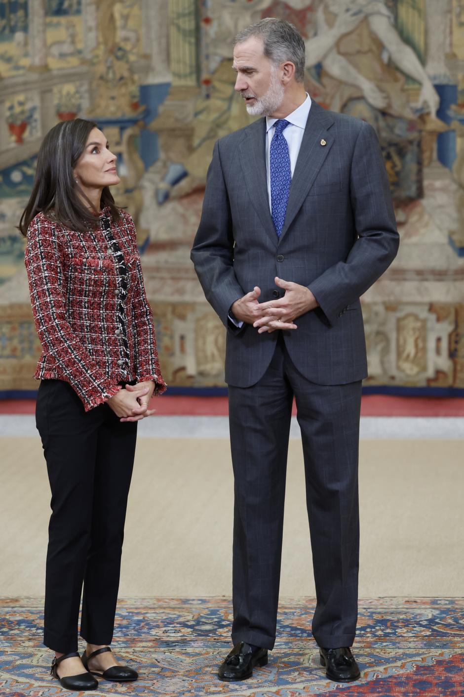 Spanish King Felipe VI and Quee Letizia Ortiz during a meeting with members of Princess of Asturias Foundation in Madrid on Thursday, 13 June 2024.