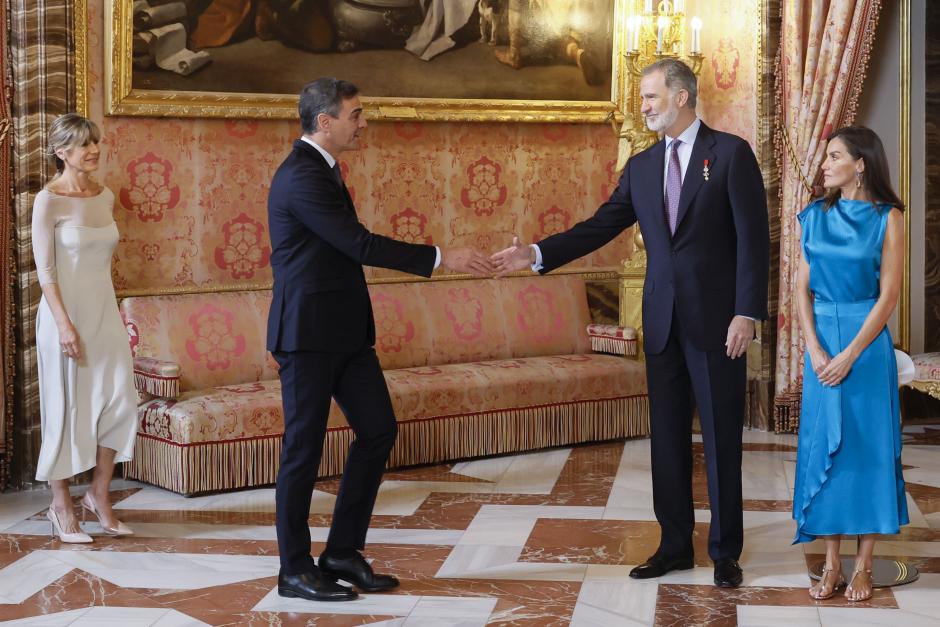 Spanish King Felipe VI and Letizia Ortiz with Pedro Sanchez and Begoña Gomez attending a reception at RoyalPalace during 10 anniversary  of the proclamation of Spanish King Felipe VI in Madrid on Wednesday, 19 June 2024.