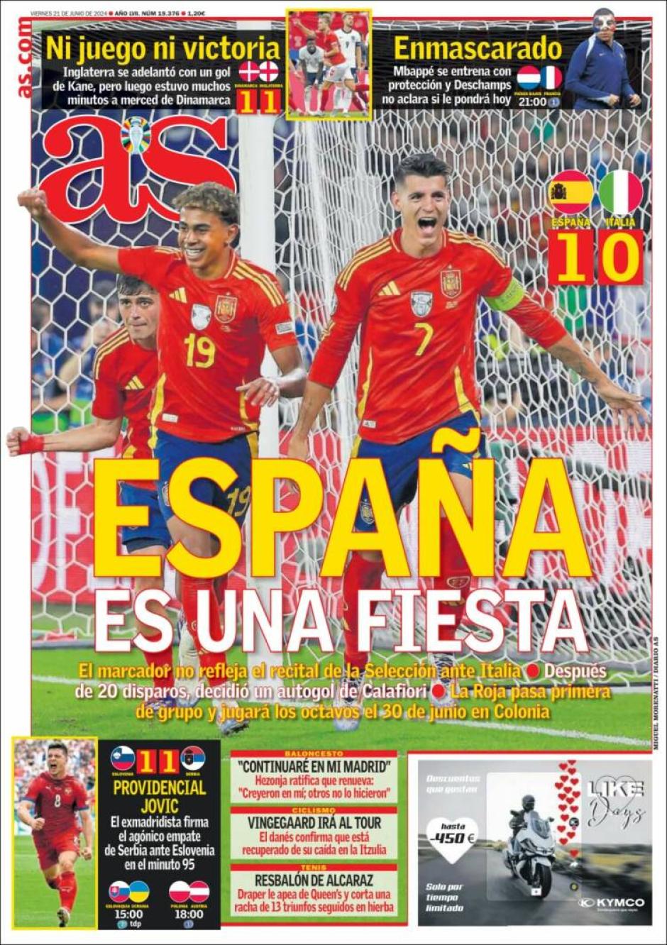 En España, los deportivos celebran el gran partido colectivo de España, por mucho que el gol llegara en un acción desafortunada de los italianos