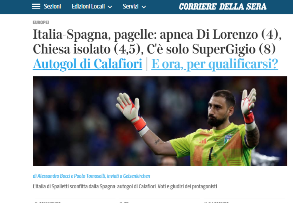 Para los medios italianos solo aprueba el portero Donnarumma, responsable de que Italia no encajase ayer más goles