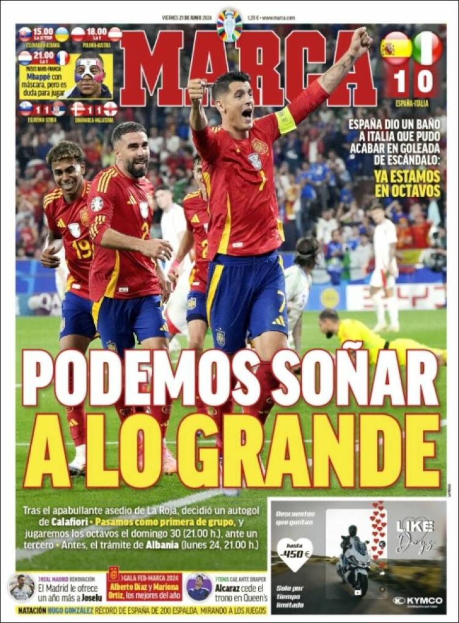 Morata, foto de portada en muchos de los diarios por su participación en el primer y único gol del partido, obra de Calafiori en propia puerta