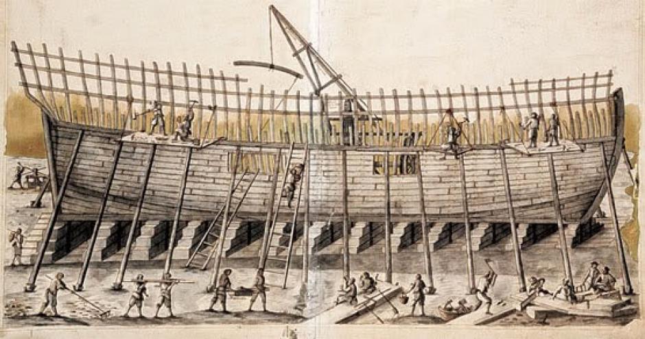 Construcción de una fragata en un astillero español del siglo XVIII