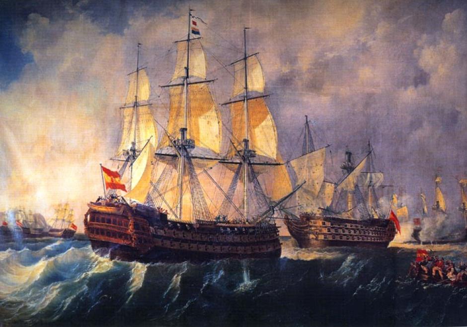 El navío Infante Don Pelayo acude en ayuda del Santísima Trinidad, asediado por los buques ingleses, durante la batalla del Cabo San Vicente. Obra de Augusto Brugada