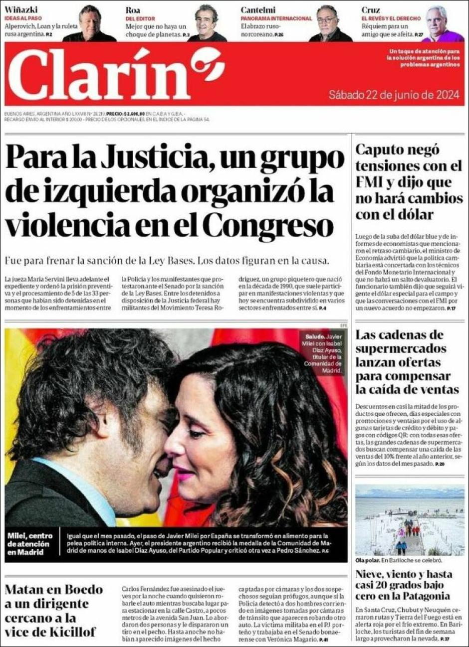 Portada del diario argentino El Clarín