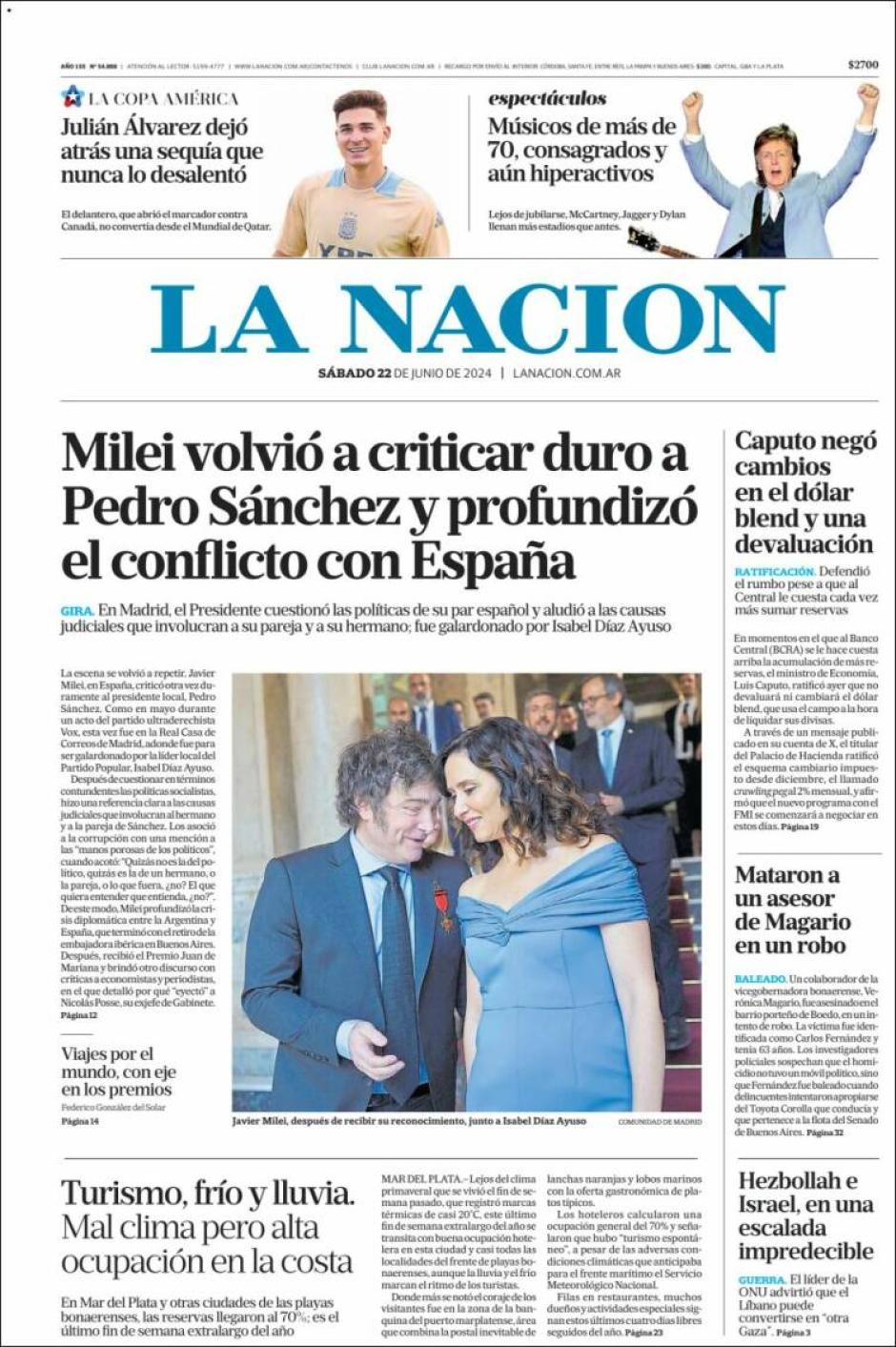 Portada del diario argentino 'La Nación'