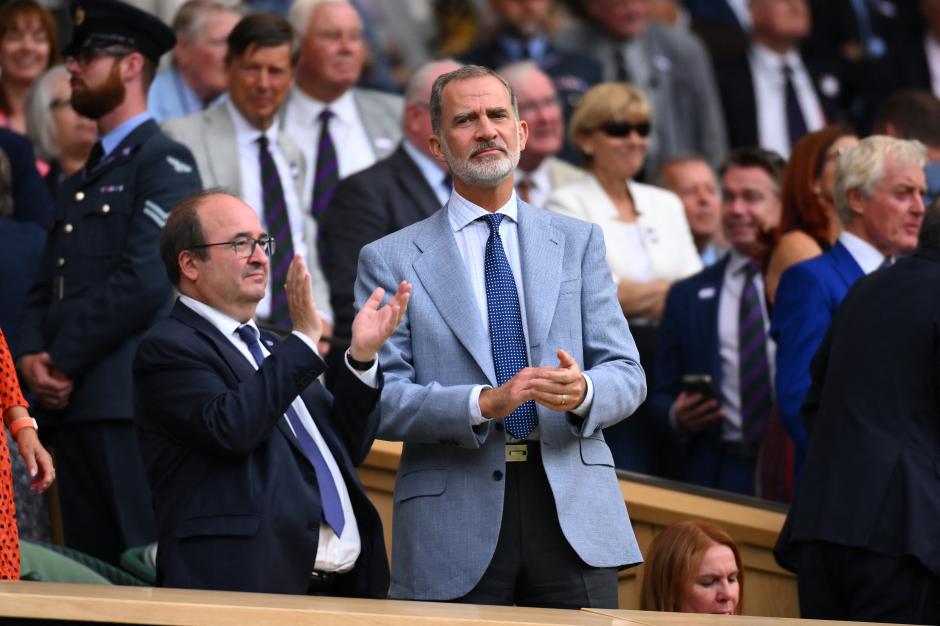 King Felipe VI of Spain and minister Miquel Iceta during Wimbledon Championships in London, UK - 16 Jul 2023