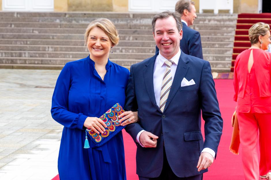 Crown Grand Duchess Stephanie of Luxembourg and Crown Grand Duke Guillaume of Luxembourg attending the wedding of Princess Alexandra of Luxembourg and Mr. Nicolas Bagory in Luxembourg.