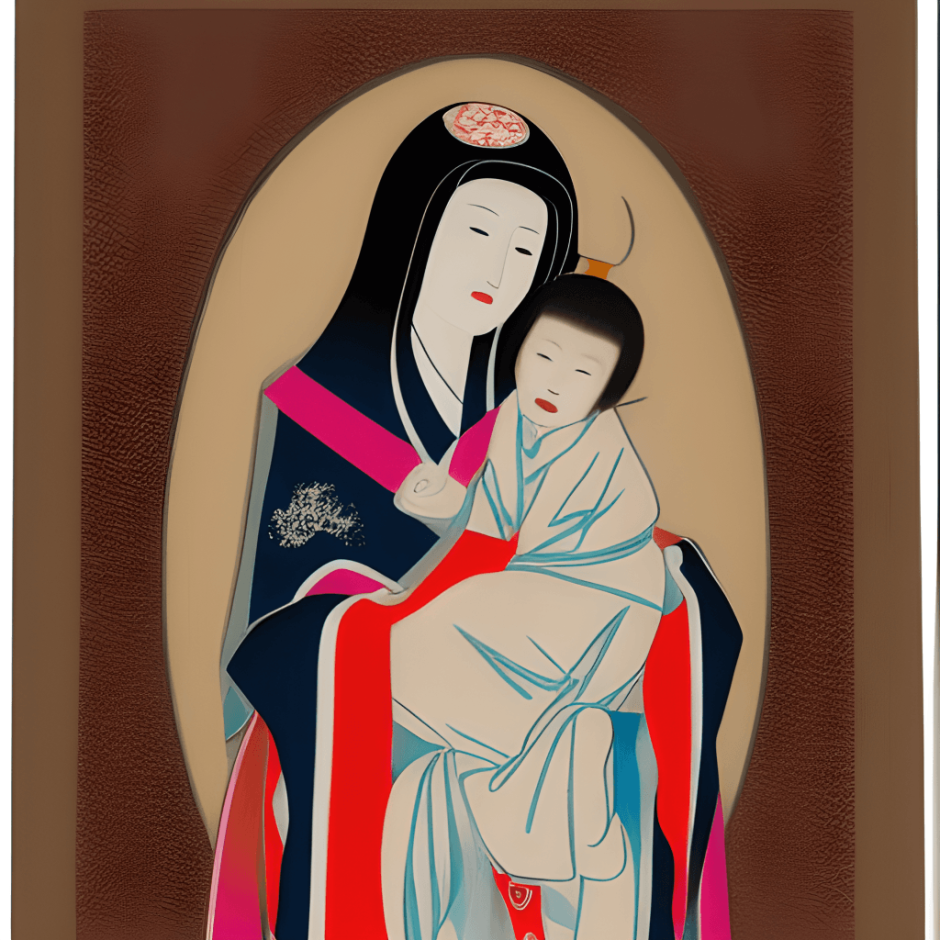 La Virgen María y el niño, ataviados con kimono