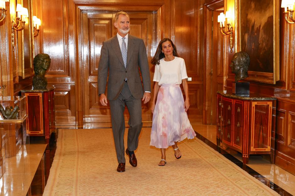 Spanish King Felipe VI and Queen Letizia during an audience with President of the Motion Picture Association (Mpa) in Madrid. June 27 2024