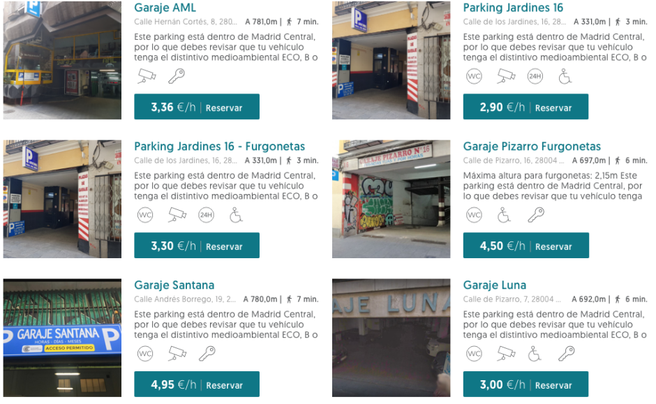 Tarifas mínimas de algunos aparcamientos de Madrid por entrar