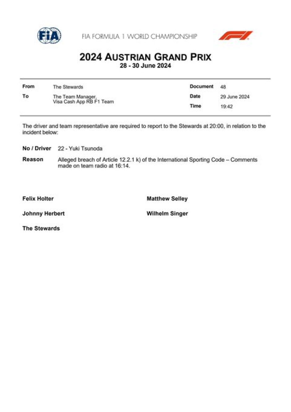 La FIA ha anotado el incidente con Tsunoda