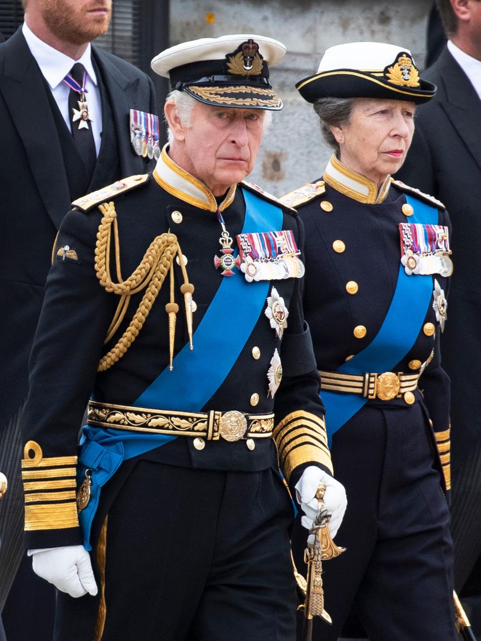 Britain's King Charles III and Princess Anne during State Funeral of Queen Elizabeth II on September 19, 2022 in London, England.