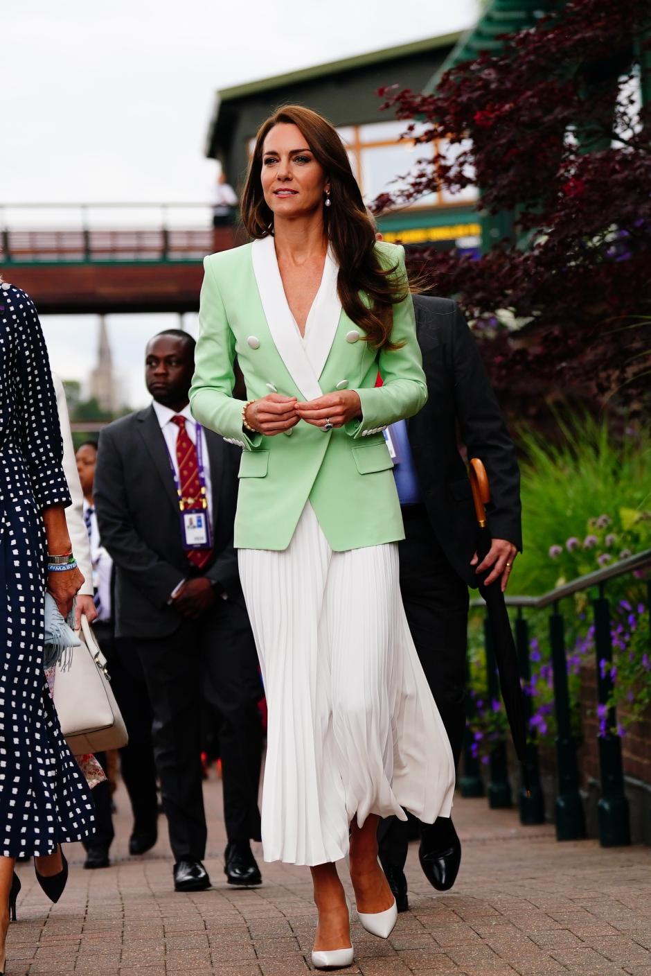 The Princess of Wales, Patron of the All England Lawn Tennis Club, arrives for day two of the 2023 Wimbledon Championships at the All England Lawn Tennis and Croquet Club in Wimbledon. Picture date: Tuesday July 4, 2023. 
Wearing Balmain
