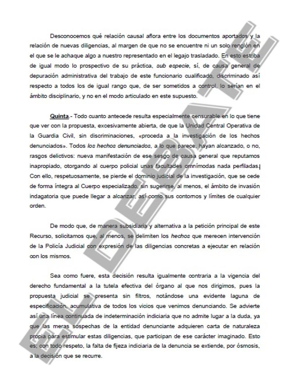 Fragmento del escrito donde afea a la juez su oficio a la UCO