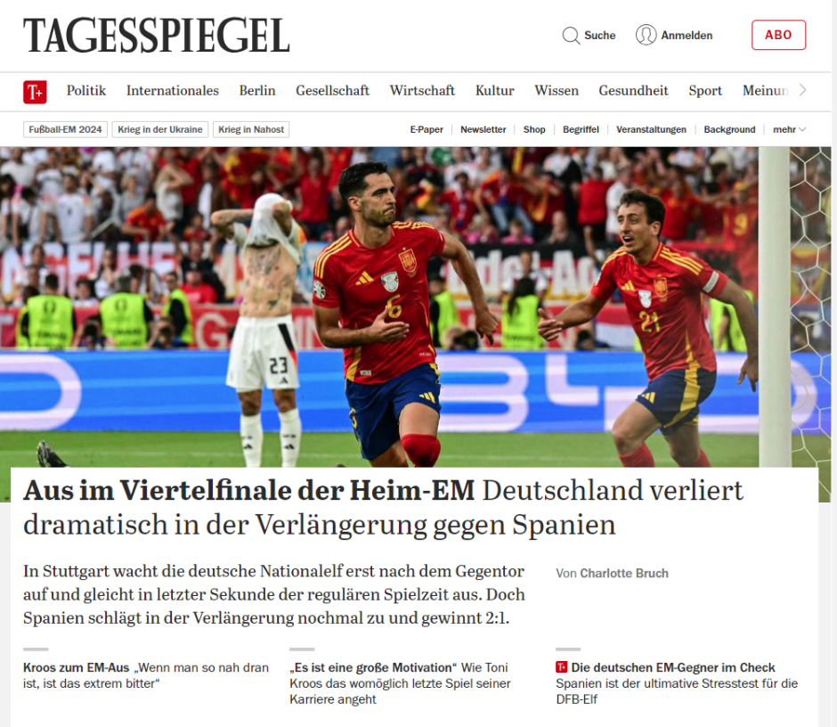 Tagesspiegel no habla de la polémica y titula: "Alemania pierde dramáticamente en la prórroga contra España"