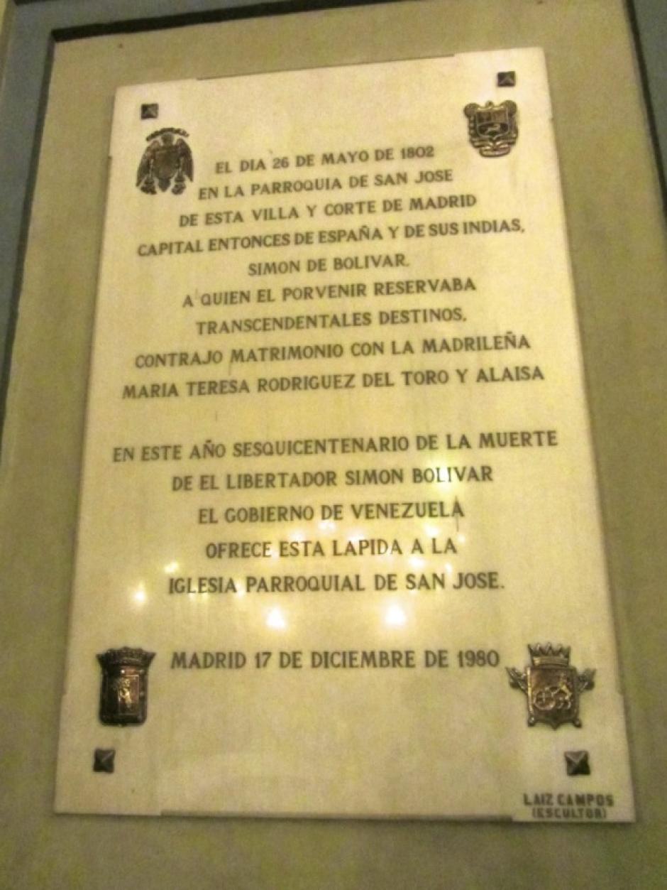 Placa en la Iglesia de San José de Madrid