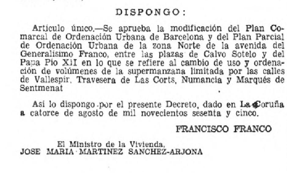 La aprobación de la recalificación de los terrenos del Estadio de la Corts Decreto 2735/65. Boletín Oficial del Estado nº 228 de fecha 23 de septiembre 1965