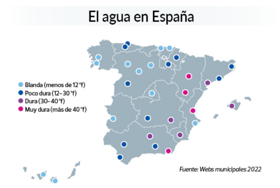 Mapa elaborado por la OCU en el que muestra la diferencia de calidad de agua según las ciudades españolas