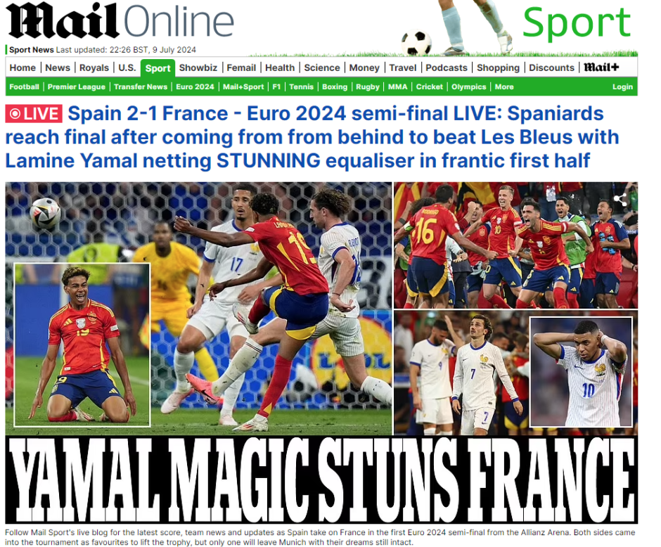 Daily Mail también abre con "la magia de Yamal" y el fracaso de Francia, destacando el mal papel de Mbappé y Griezmann