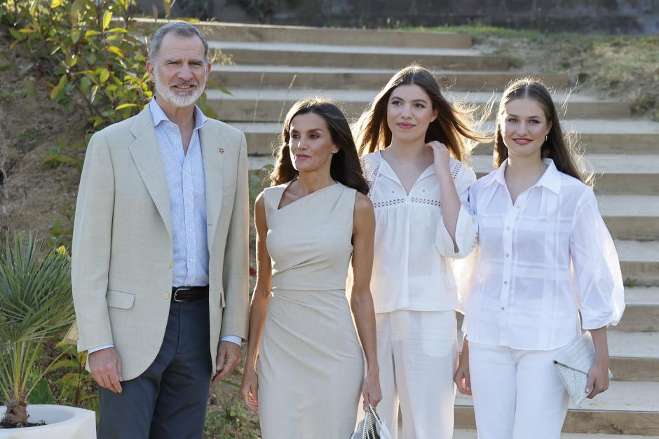 Spanish King Felipe VI and Queen Letizia Ortiz with Princess Leonor de Borbon and Infanta Sofia de Borbon during a meeting with winners of past edition on occasion of Princess of Girona Foundation awards in Girona on Tuesday, 9 July 2024.