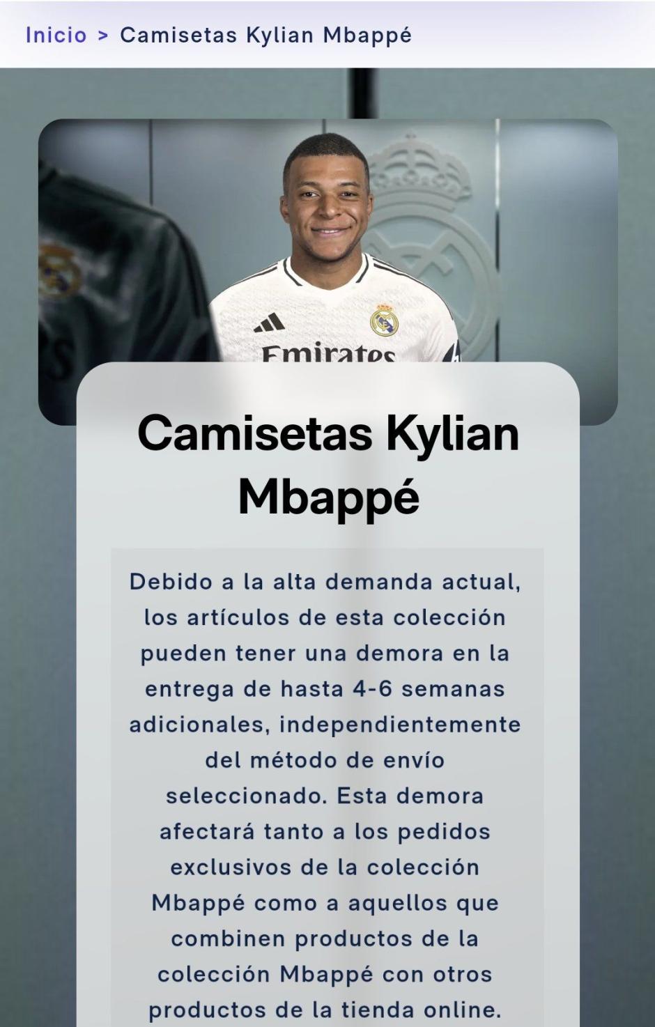 El mensaje en la web del Real Madrid al comprar un artículo de Mbappé