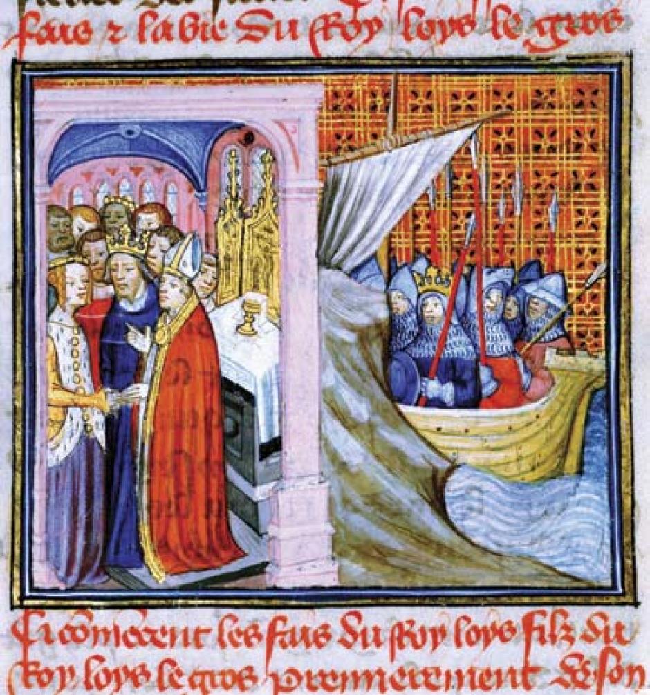 Escena de la izquierda: Boda entre Leonor y Luis VII de Francia, escena de la derecha: Luis VII comienza la cruzada. Representación del siglo XIV