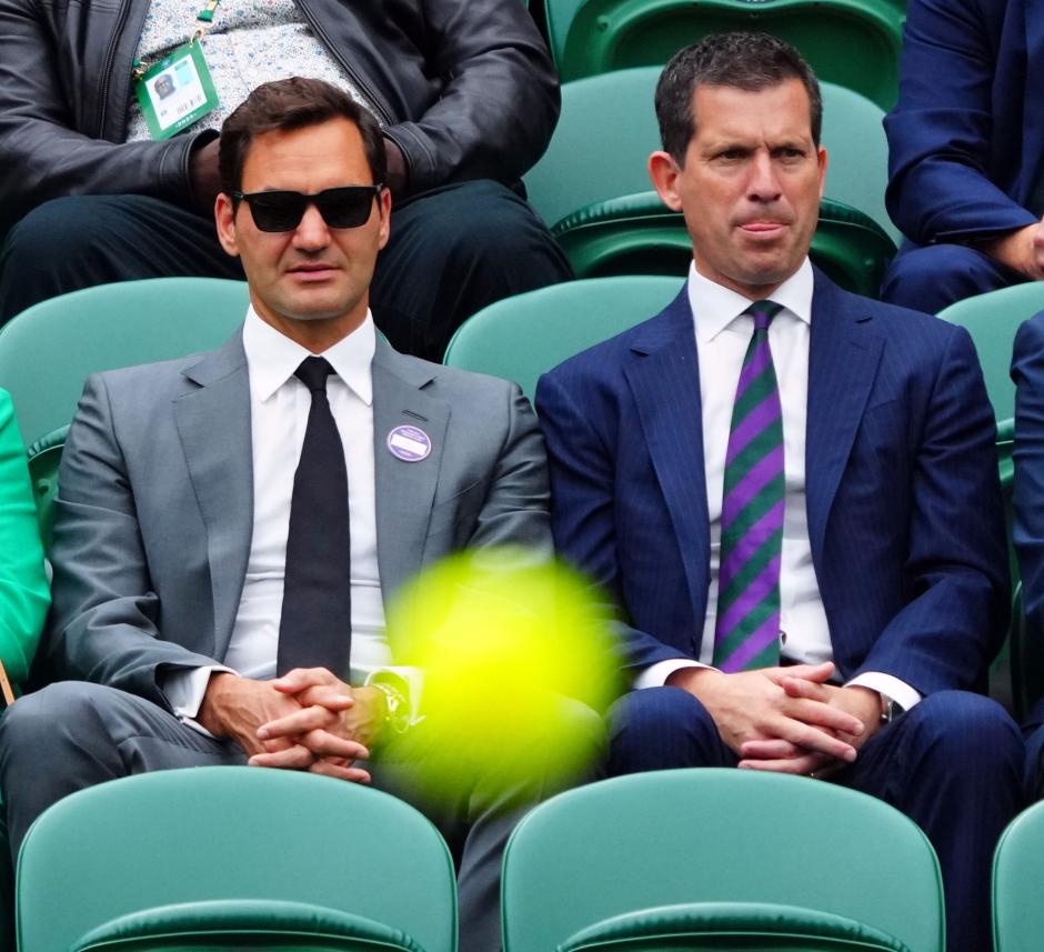 Former tennisplayeres Roger Federer and Tim Henman during Wimbledon Championships, Day 6,  London, UK - 06 Jul 2024