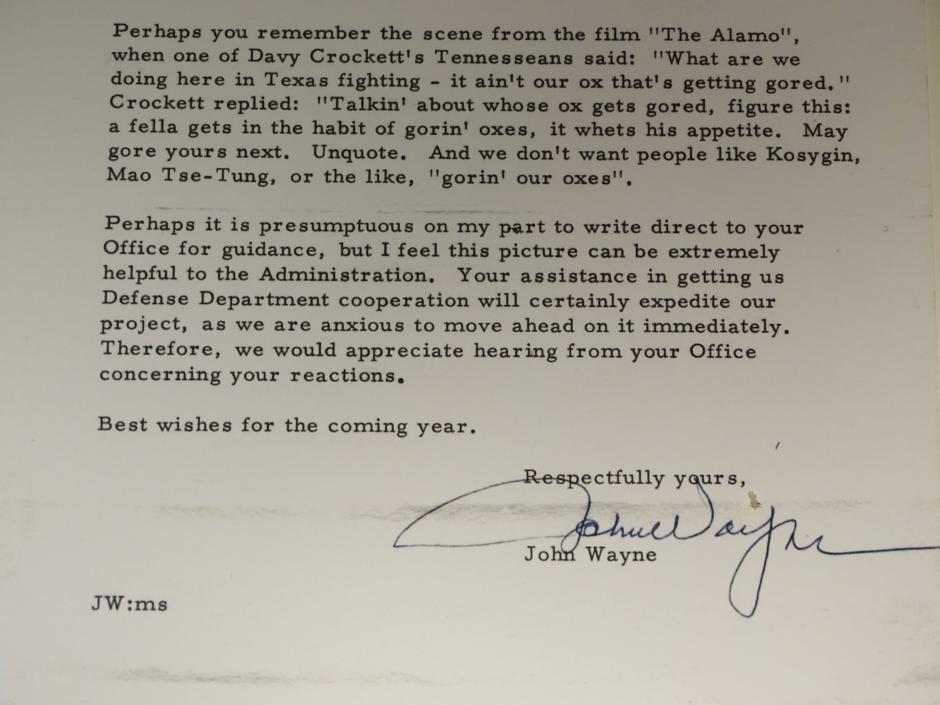 Carta de John Wayne a Lyndon Johnson sobre la película Los Boinas Verdes