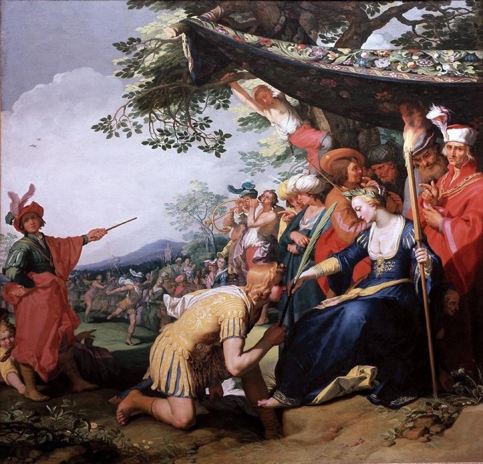 Teágenes recibe la palma de honor, entregada por Cariclea. Óleo sobre lienzo pintado hacia 1626 por Abraham Bloemaert