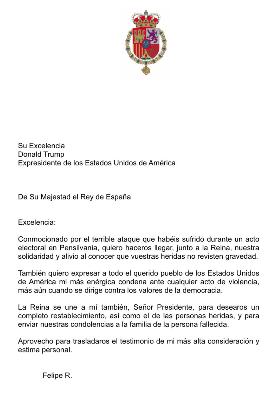 Carta enviada por el Rey a Trump