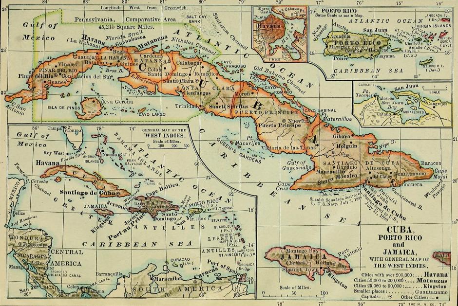 Capitanías generales de Cuba (centro) y Puerto Rico (esquina superior derecha), y su respectiva ubicación en el mar Caribe (esquina inferior izquierda)