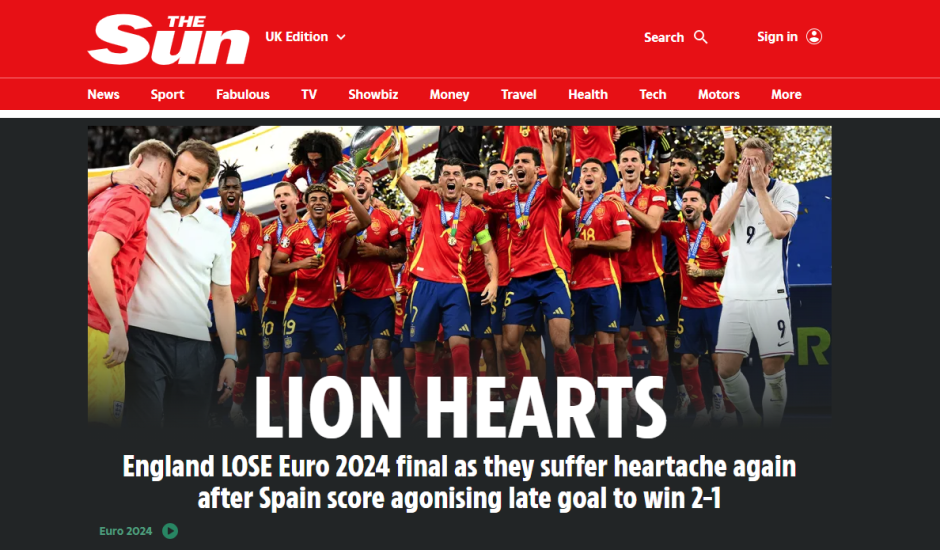 The Sun titula con "corazones de león" y lamenta perder la final de Eurocopa por segunda vez seguida