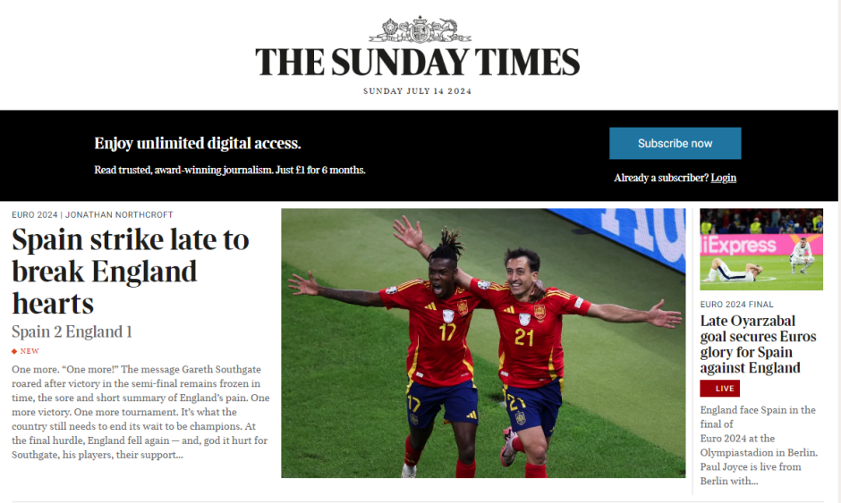 The Sunday Times lleva en su portada "España rompe los corazones ingleses" y no se puede creer haber perdido otra vez la final