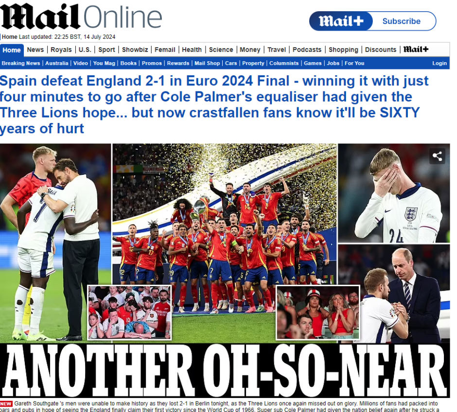 "Otra vez muy cerca" es la frase que destaca Daily Mail en su portada, donde también remarca que los Three Lions harán 60 años sin ganar un título