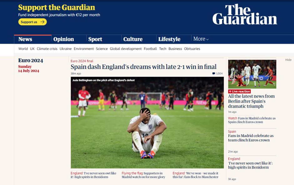 The Guardian lleva "España frustra el sueño de Inglaterra" y lamenta la derrota