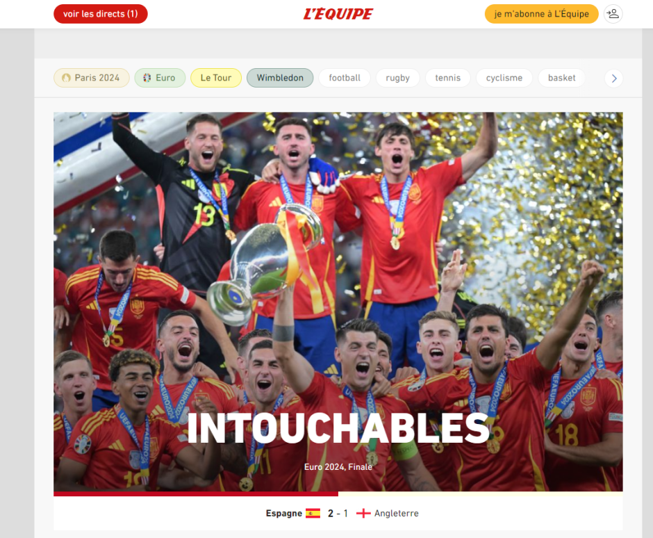 "Intocables" es el titular escogido por L'Equipe para hablar del título de España. Mismo titular que escogieron cuando el Real Madrid ganó La Decimoquinta